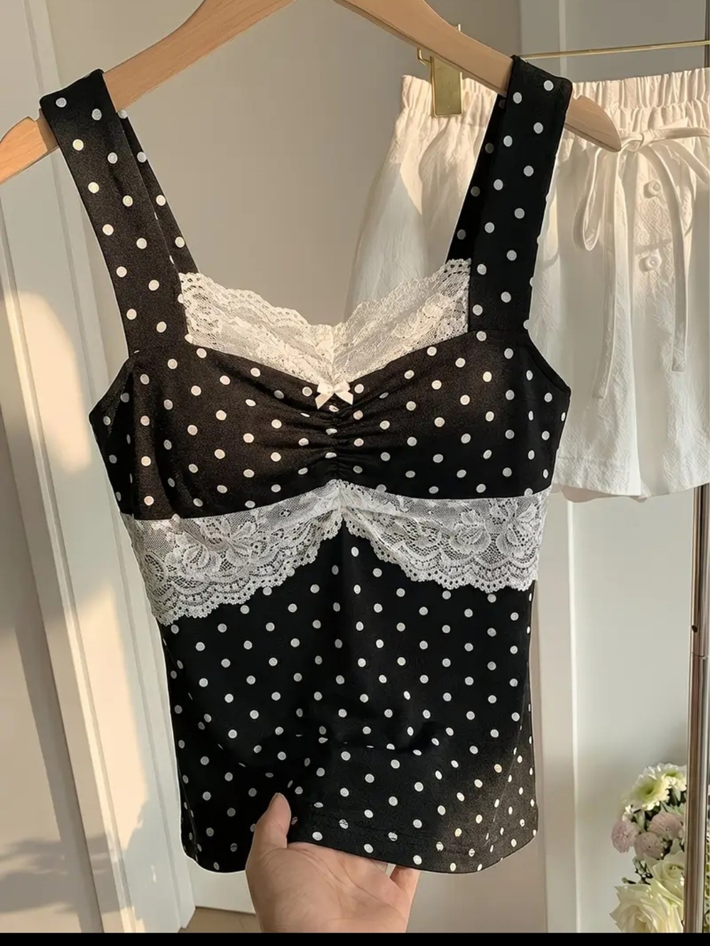 Polka Dot Lace-Trim Camisole - Black